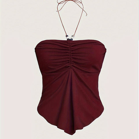 Solid Color Stretchy Polyester Blend Halter Neck Top - Y2K-Inspired Beaded Detail, Perfect for All Seasons