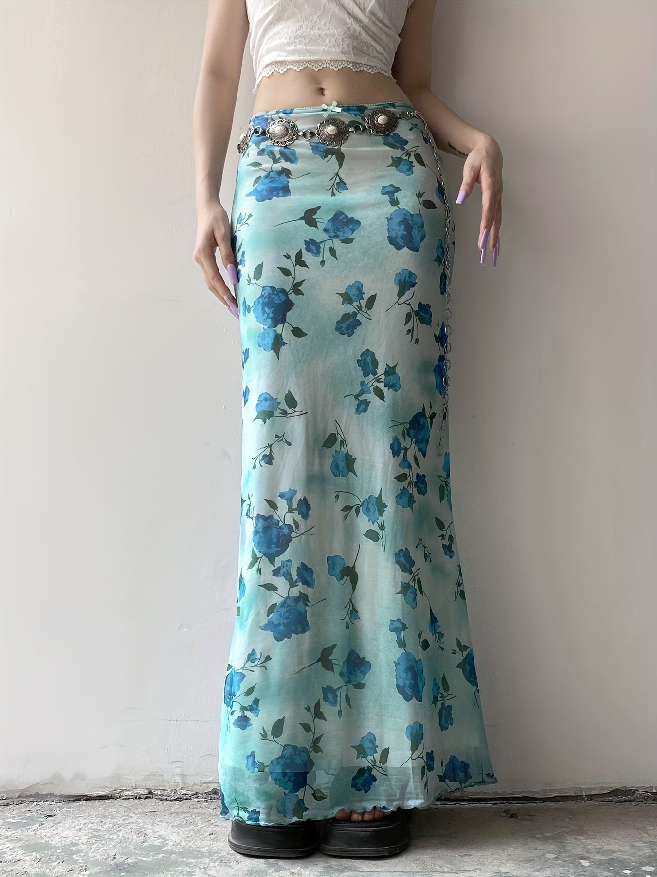 Vintage Floral Print Mesh Long Skirt with Bow - Retro Y2K Aesthetic - - Polyester Blend - Knit Fabric - Seasonal All Year Round - Exclusive Collection