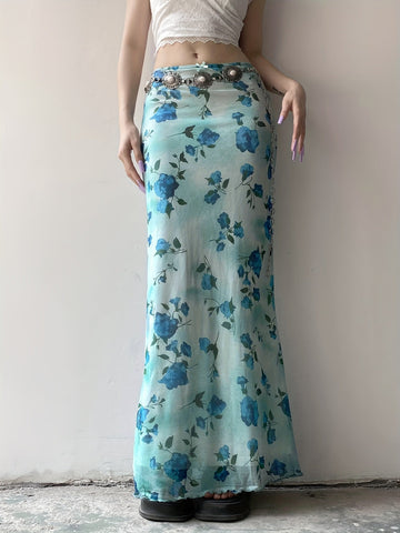 Vintage Floral Print Mesh Long Skirt with Bow - Retro Y2K Aesthetic - - Polyester Blend - Knit Fabric - Seasonal All Year Round - Exclusive Collection