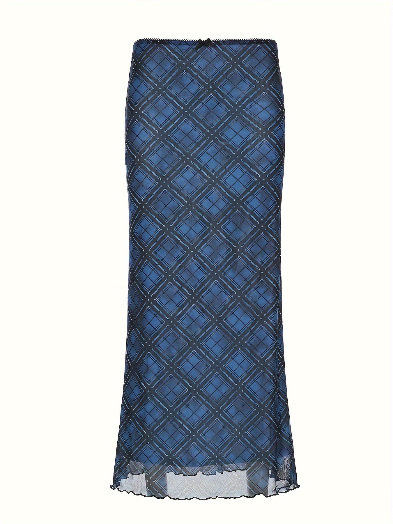 Y2K-Inspired Vintage Plaid Mesh Maxi Skirt with Bow Detail - Stretchy & Machine Washable, Elegant Two-Layer Design for Women