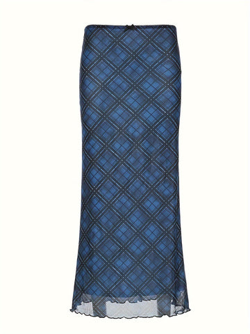 Y2K-Inspired Vintage Plaid Mesh Maxi Skirt with Bow Detail - Stretchy & Machine Washable, Elegant Two-Layer Design for Women