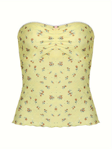 Floral Pattern Eyelet Tube Top, Y2K Ruched Strapless Slim Top For & Summer, Clothing