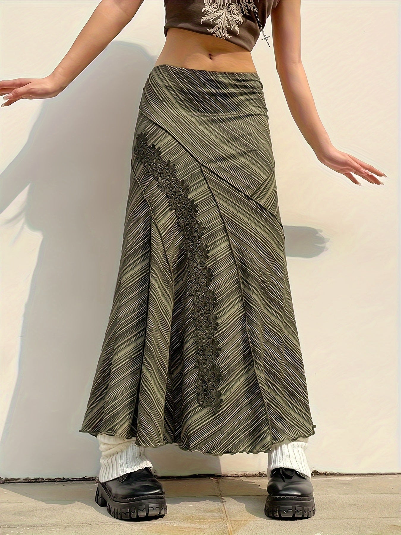 Striped Lace Stitching Skirt, Y2K Ruffle Hem Maxi Skirt, Clothing