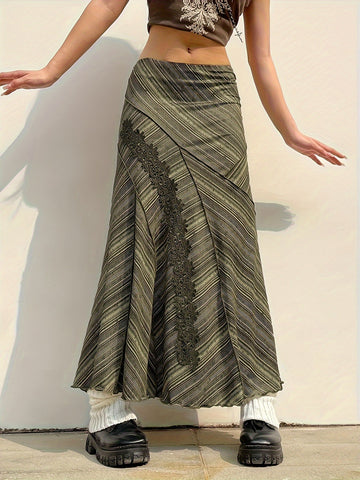Striped Lace Stitching Skirt, Y2K Ruffle Hem Maxi Skirt, Clothing