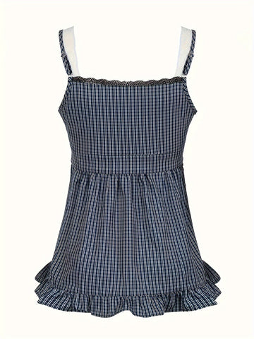 Y2K Checkered Faux Two-Piece Lace Layered Tank Top for Japanese And Korean Style.