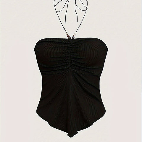 Solid Color Stretchy Polyester Blend Halter Neck Top - Y2K-Inspired Beaded Detail, Perfect for All Seasons