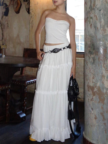 1pc Y2K Style Tiered Midi Skirt - 95% Polyester, 5% Elastane, Solid Color, Ruffle Hem, Elastic Waist, Flowy A-Line Maxi Skirt for Beach and Streetwear, Long Skirt, Cute