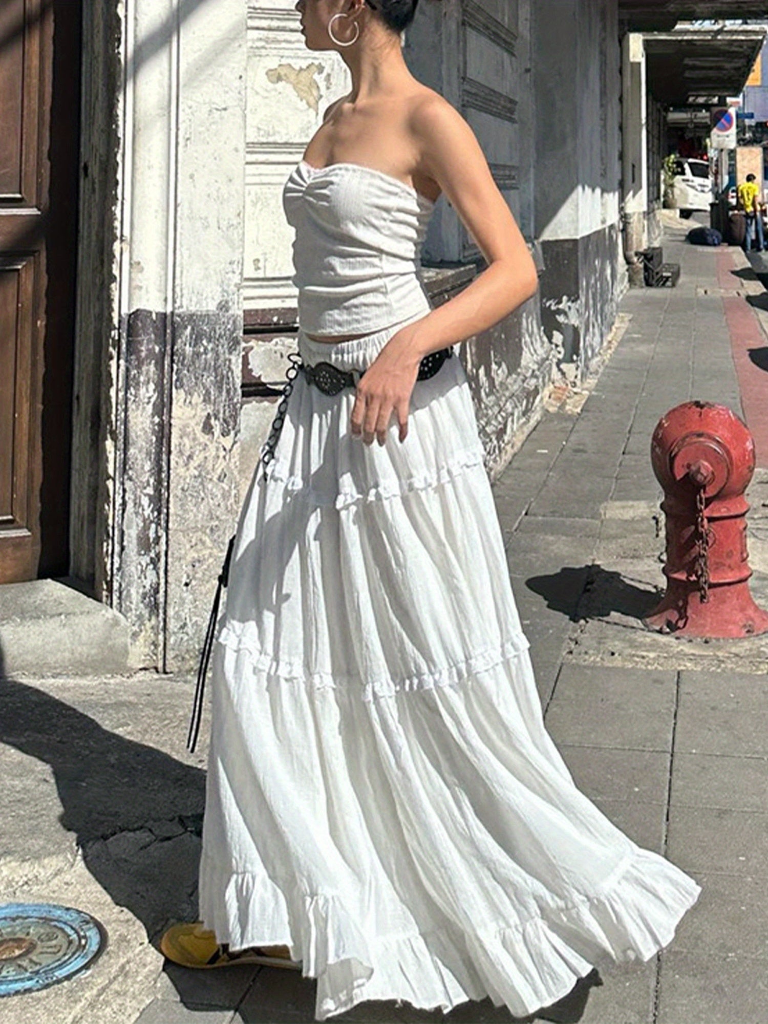 1pc Y2K Style Tiered Midi Skirt - 95% Polyester, 5% Elastane, Solid Color, Ruffle Hem, Elastic Waist, Flowy A-Line Maxi Skirt for Beach and Streetwear, Long Skirt, Cute