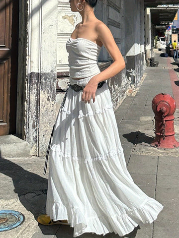 1pc Y2K Style Tiered Midi Skirt - 95% Polyester, 5% Elastane, Solid Color, Ruffle Hem, Elastic Waist, Flowy A-Line Maxi Skirt for Beach and Streetwear, Long Skirt, Cute