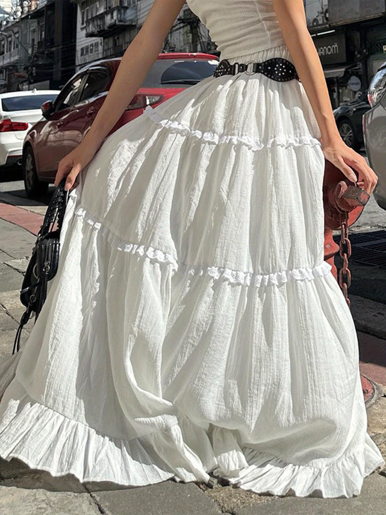 1pc Y2K Style Tiered Midi Skirt - 95% Polyester, 5% Elastane, Solid Color, Ruffle Hem, Elastic Waist, Flowy A-Line Maxi Skirt for Beach and Streetwear, Long Skirt, Cute