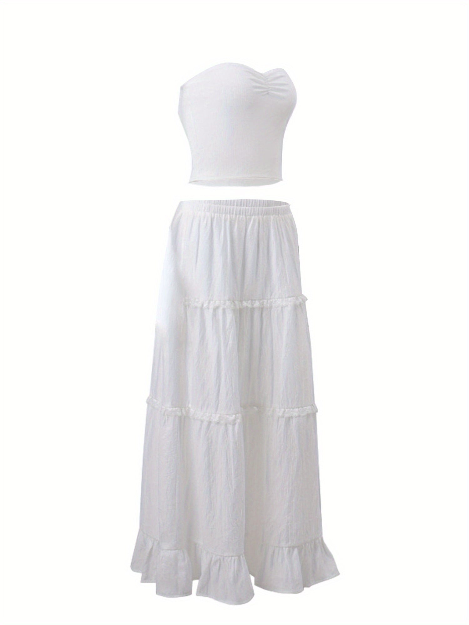 1pc Y2K Style Tiered Midi Skirt - 95% Polyester, 5% Elastane, Solid Color, Ruffle Hem, Elastic Waist, Flowy A-Line Maxi Skirt for Beach and Streetwear, Long Skirt, Cute