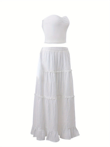 1pc Y2K Style Tiered Midi Skirt - 95% Polyester, 5% Elastane, Solid Color, Ruffle Hem, Elastic Waist, Flowy A-Line Maxi Skirt for Beach and Streetwear, Long Skirt, Cute