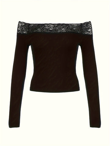 Y2K Elegant Lace Stitching One-Shoulder Fit Long Sleeve Top for Targeted