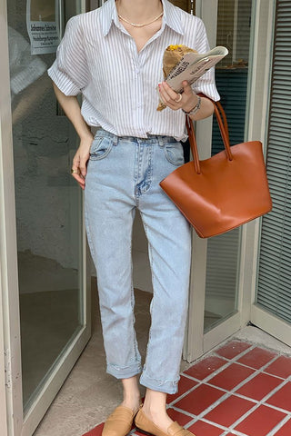 Striped Turn Down Collar Retro Shirt