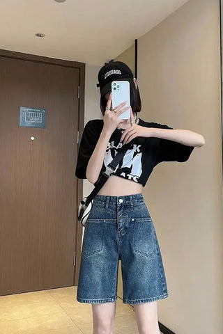 High Waist Double Pockets Style Denim Shorts