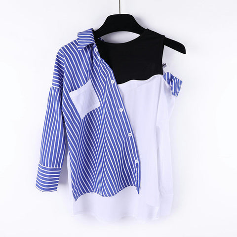 Long Sleeve Striped Cut Side Shoulder Blouse Shirt