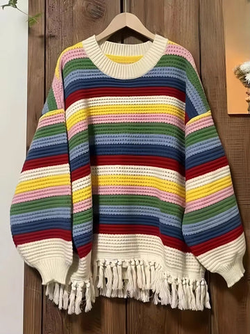 Long Sleeve Rainbow Striped Knitted Tassel Sweater