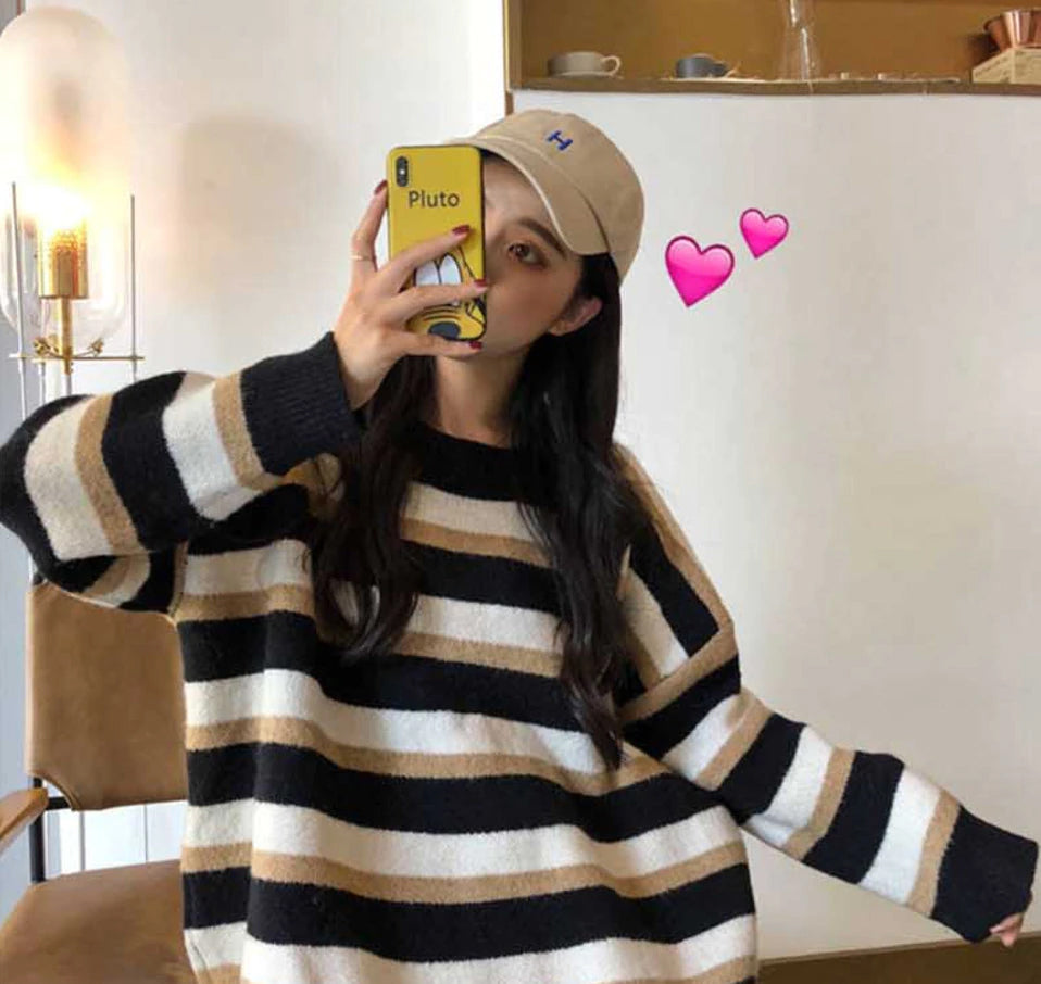 Loose Long Knitted Striped Sweater