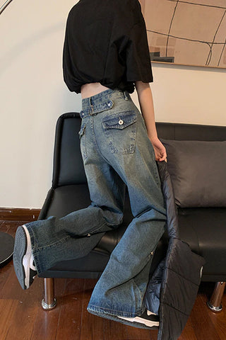 High Waist Loose Wide Leg Cute Back Pocket Jeans Pants