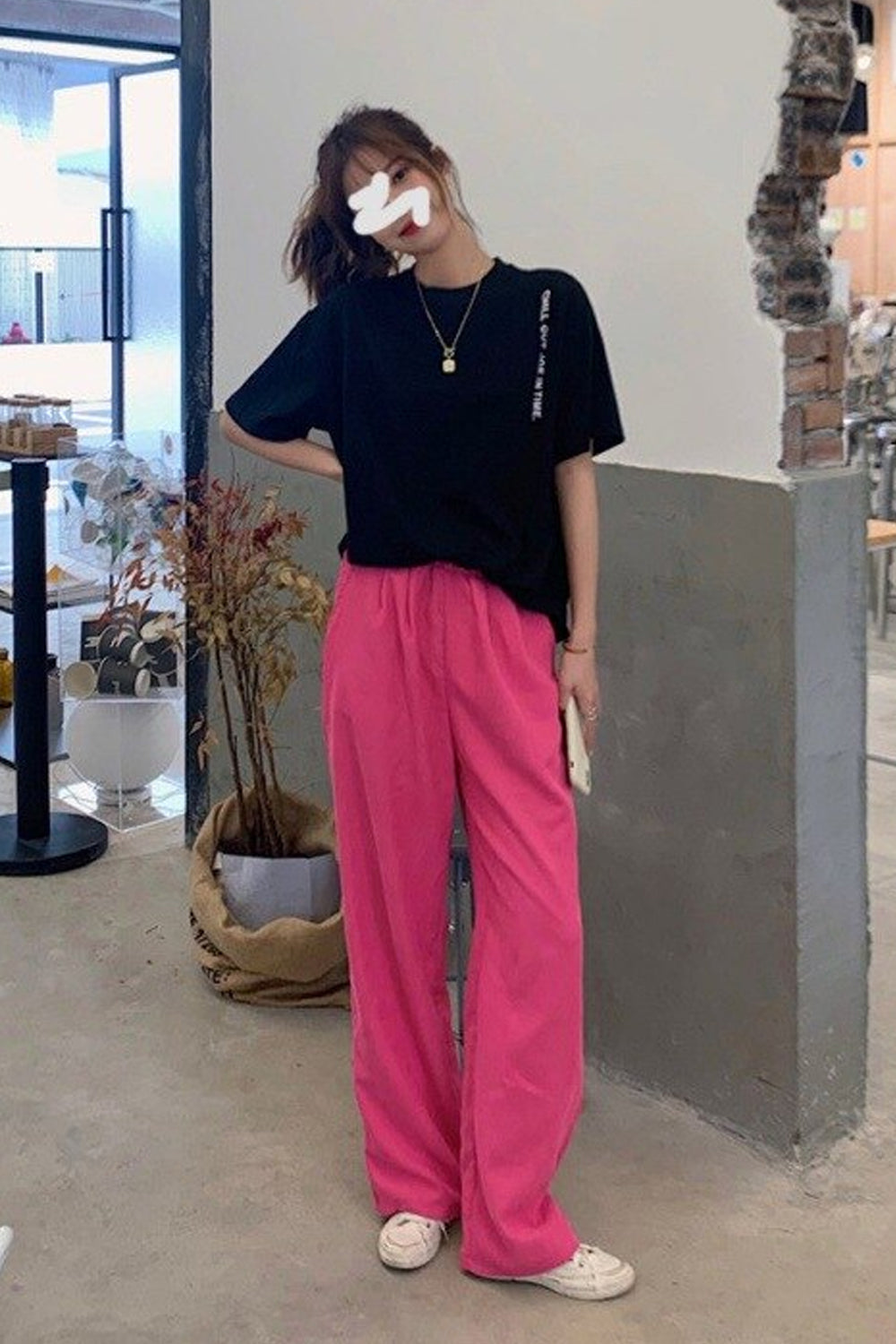 High Waist Wide Leg Basic Pink Pants