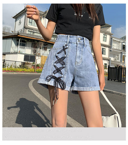 High Waist Lace Up Denim Shorts Jeans