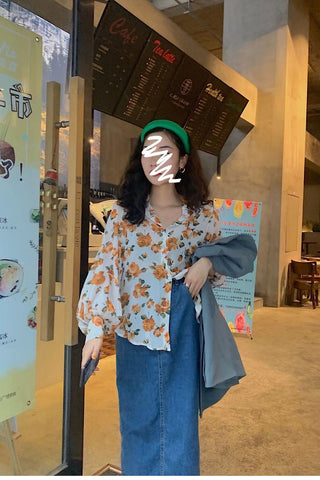 Long Sleeve Flowers Pattern Casual Chiffon Blouse Shirt