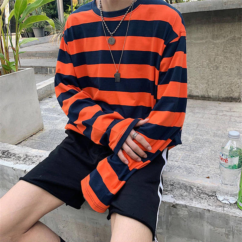 Long Sleeve Colorful Striped Loose Men Shirts