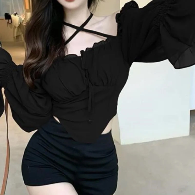 Long Sleeve Sexy Cross Hanging Neck Shirt