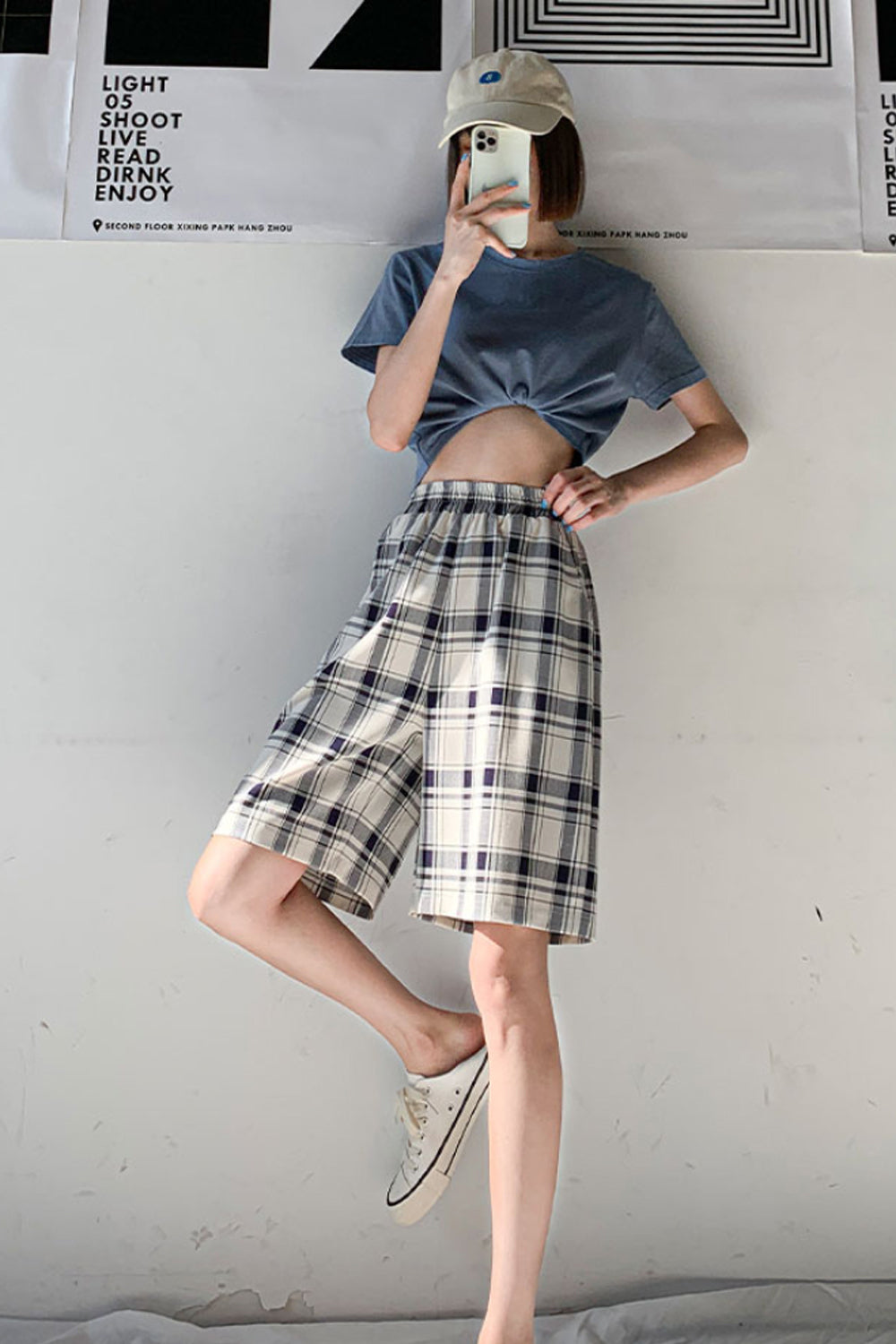 High Waist Casual Color Plaid Cotton Summer Shorts Pants