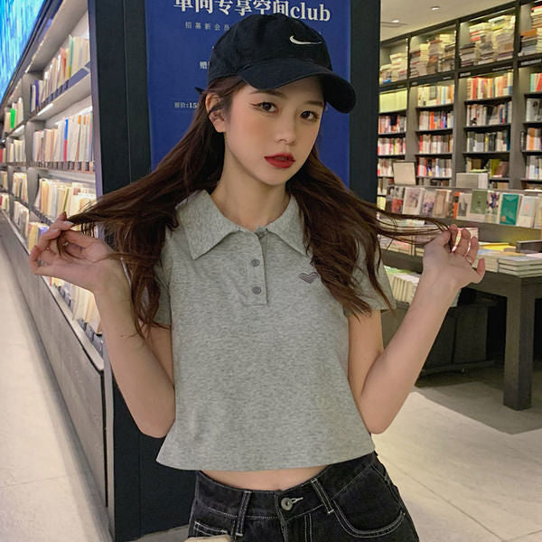 Love Embroidery Collar Crop Tops