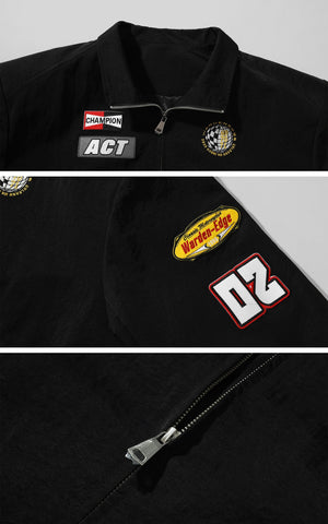 Racing Patch Zip Jacket with Elastic Cuffs and Retro Embroidery