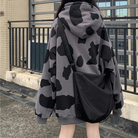 Loose Oversize Cow Pattern Hooded Jacket