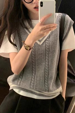 V-Neck Collar Striped Sleeveless Sweater
