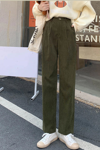 High Waist Loose Full Length Corduroy Pants