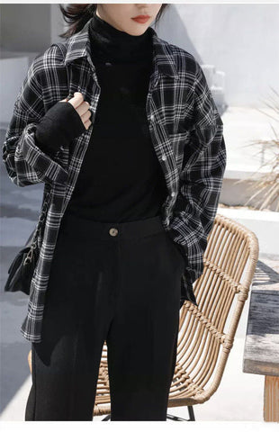 Long Sleeve Retro Black Plaid Shirt