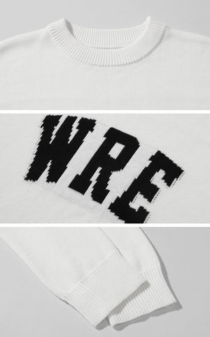 Oversized Knit Sweater with Distressed Bold WRE Logo