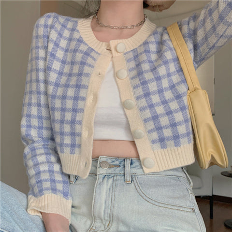 Plaid Knitted Slim Cardigan Sweater