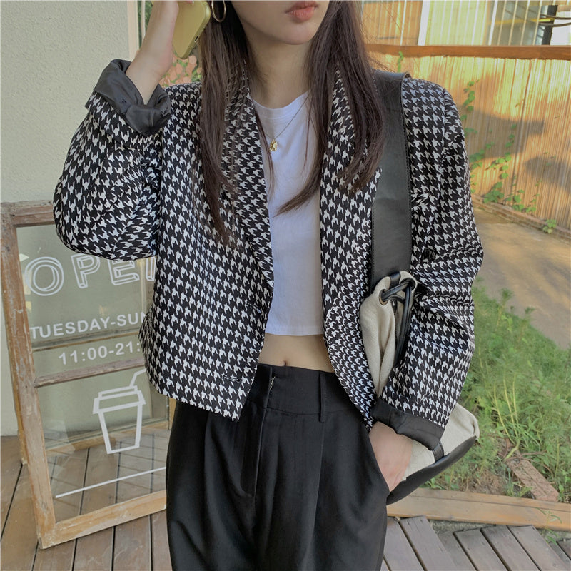 Black White Pattern Cropped Blazer Jacket