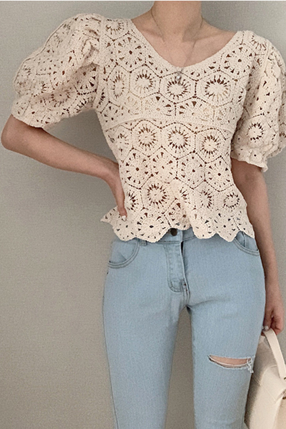 Vintage Crop Tops mit Puffärmeln und Spitze 