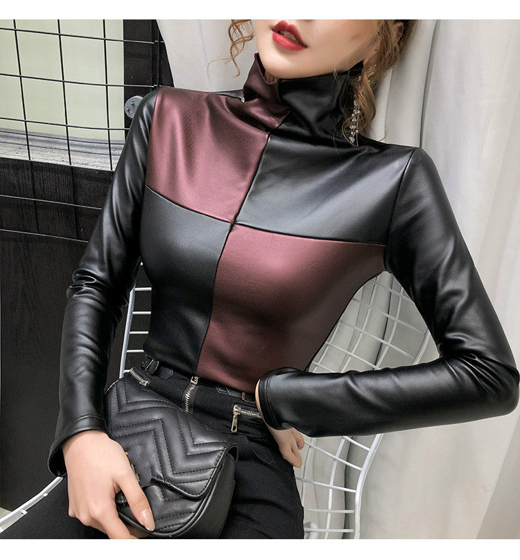 Color Block Long Sleeve Turtleneck Leather Tops