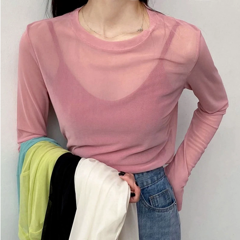Long Sleeve See Through Transparent Mesh Shirt