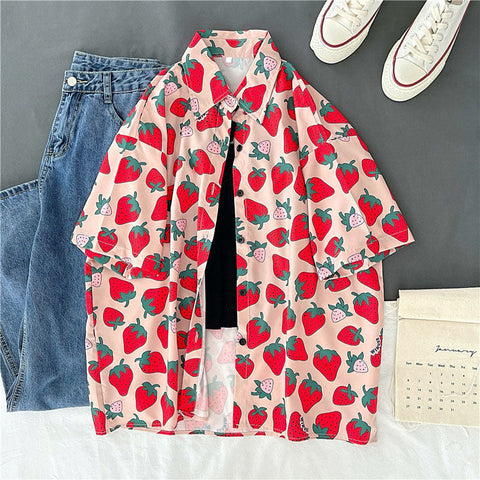 Cute Strawberry Printed Short Sleeve Blouse Shirt
