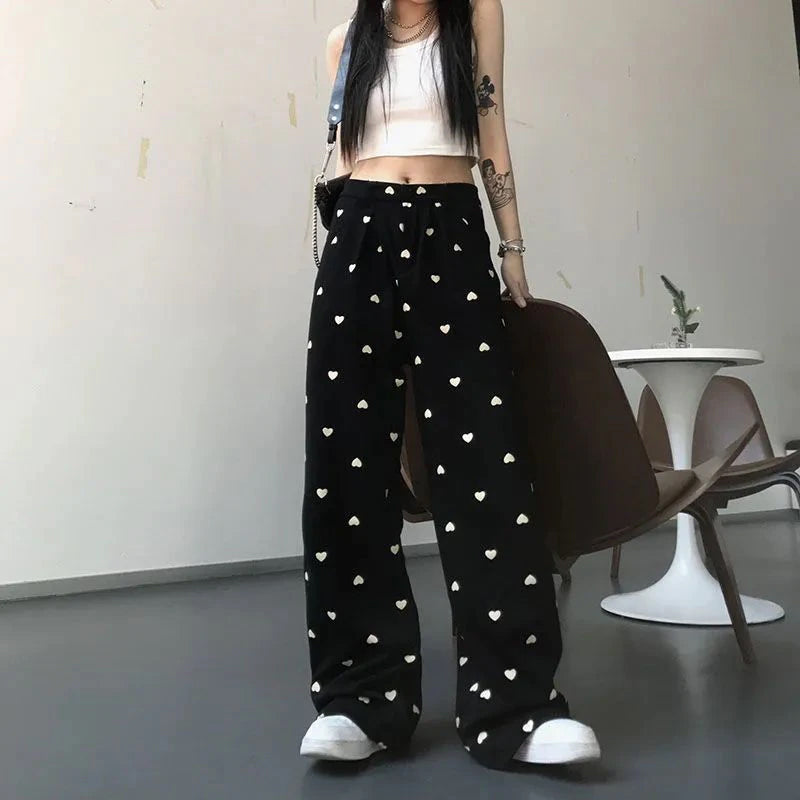 High Waist Heart Full Printed Wide Leg Loose Pants