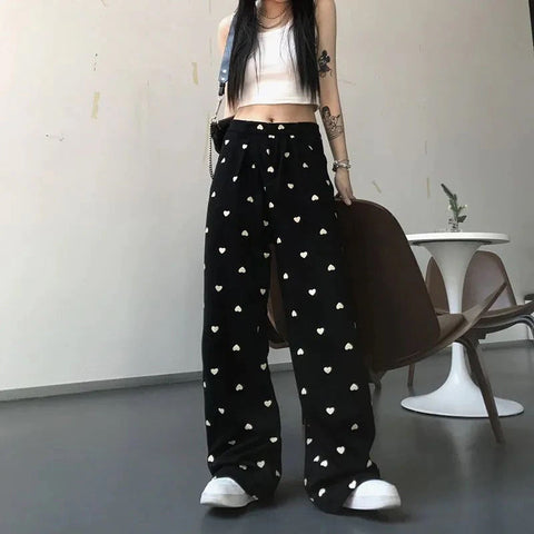 High Waist Heart Full Printed Wide Leg Loose Pants