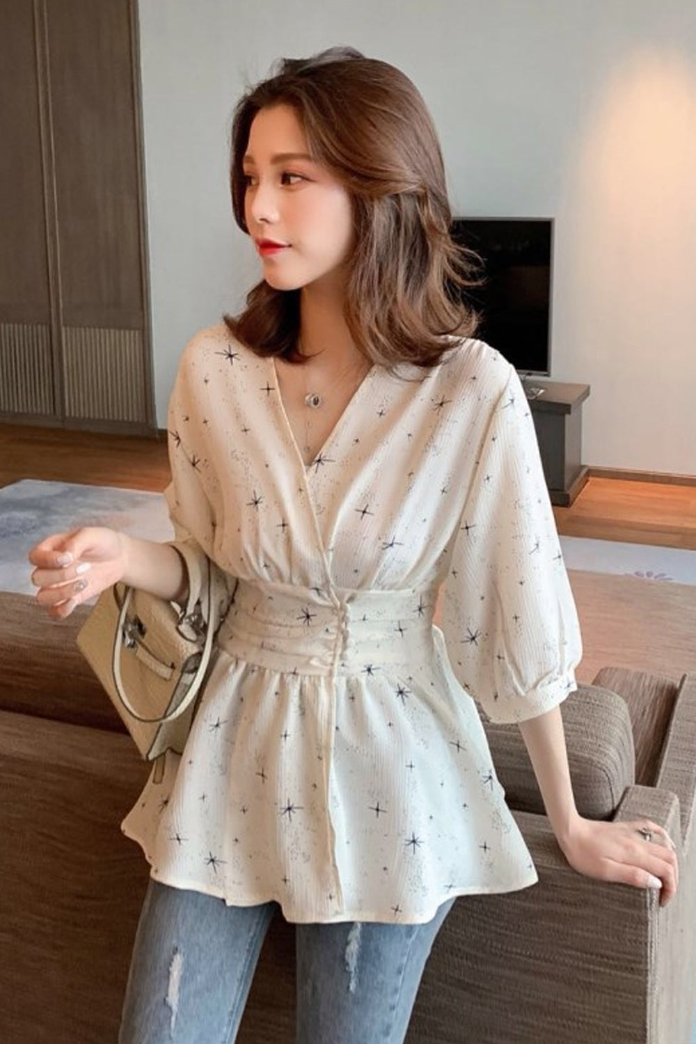 Half Sleeve V-Neck Elegant Blouse Shirt