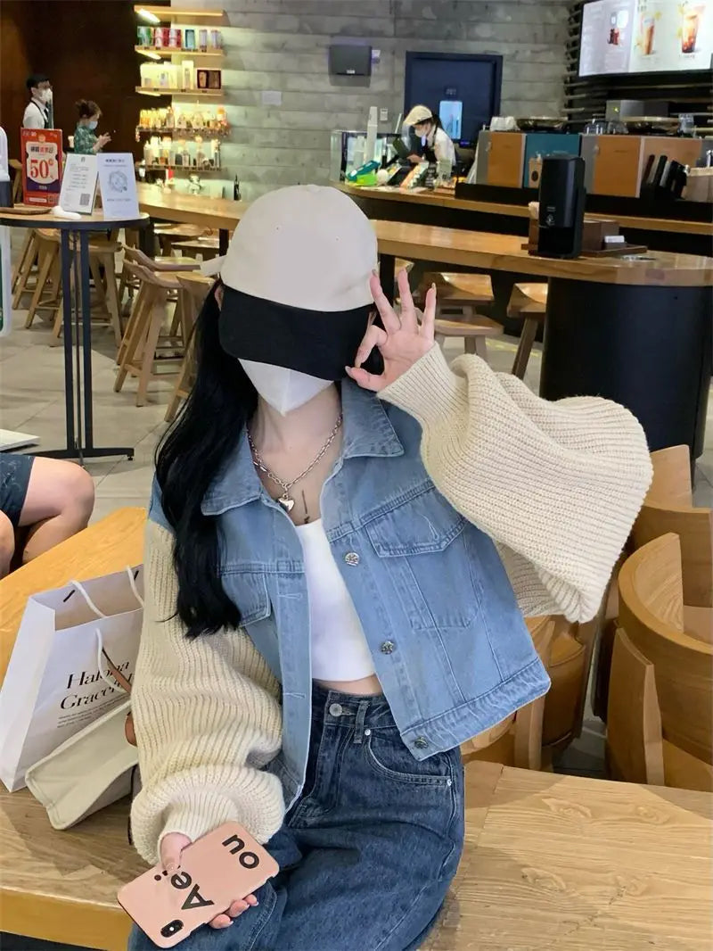 Casual Denim Knitted Combination Cropped Sweater