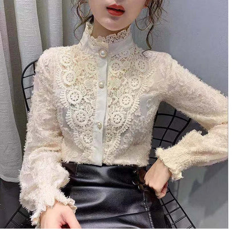 Long Sleeve High Collar Lace Blouse Shirt