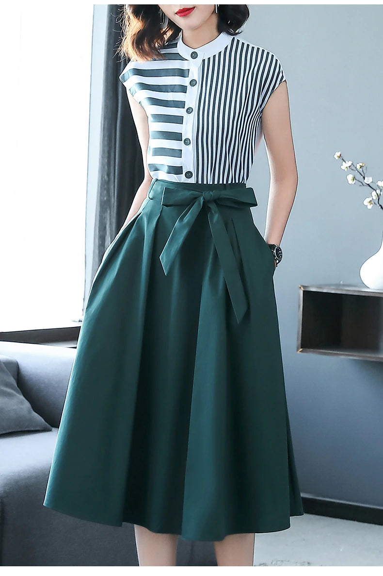 Two Piece Set Casual Striped Shirts Blouses and Bow Midi Skirt