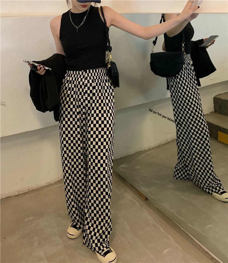 Black and White Checkered Pattern Loose Pants