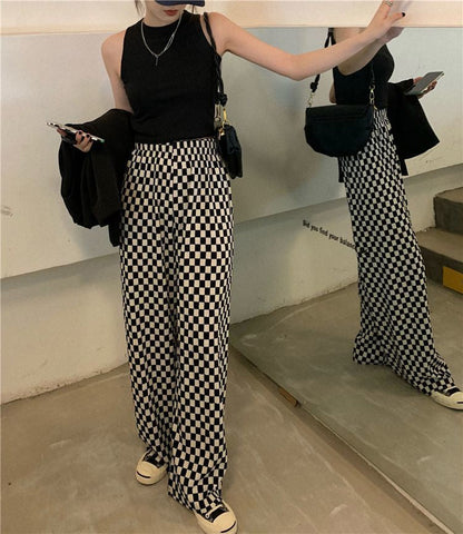 Black and White Checkered Pattern Loose Pants